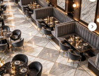 Banquette d'angle en velours gris capitonnée, avec table en marbre et chaises, pour salle à manger d'hôtel, personnalisable, OEM, vente en gros