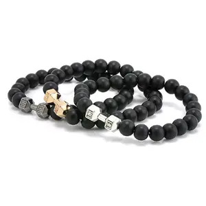 G1413 Amazon Hot Sale Beaded Men's Bracelets Trendy Natural Black Volcanic Lava Stone Buddha Beads Cheap Dumbbell Bracelet