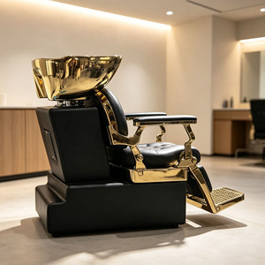 Luxury Barber Shop Reclining Shampoo Chair With Golden Basin <b>Footrest</b> Hair Salon Furniture For Barbershop - Product Image 3