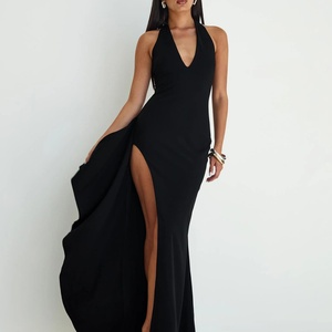 Vestidos Maxi Negros para Mujer, Cuello Halter, Escote en V Profundo, Abertura Alta, Elegantes, Formales, para Fiesta de Noche - Product Image 1