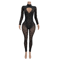 Combinaison sexy à manches longues avec strass, grande taille, pour femmes, soirée en boîte de nuit, combinaison moulante, tenue de danseuse