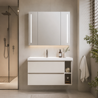 Rak Dinding Kamar Mandi Modern Warna Putih dengan Wastafel Persegi Panjang, Kabinet Cermin LED, Penyimpanan Tersembunyi, dan Dua Laci Soft Close