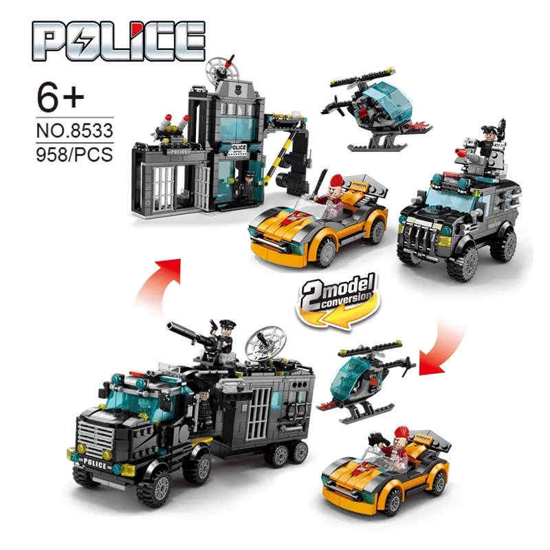 Lele Brother City Police Station 2-in-1 Building Blocks poliziotto Command Car Kids Toy Bricks