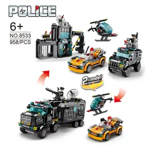 Lele Brother City Police Station 2-in-1 Building Blocks Policeman Command Car Kids Toy Bricks