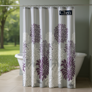 Rideau de douche moderne en polyester à imprimé floral, décoration de salle de bain imperméable avec ensemble de 4 pièces par Chen, design gris et violet - Product Image 2