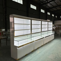 Comptoir d'exposition de bijoux LED blanc brillant OEM avec dos en verre pour la conception de magasins de bijoux sur mesure