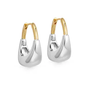 New In 18k Gold Vermeil Mixed-Metal Design Silver Gold Two Tone Chunky U-Shape Hoops Earrings