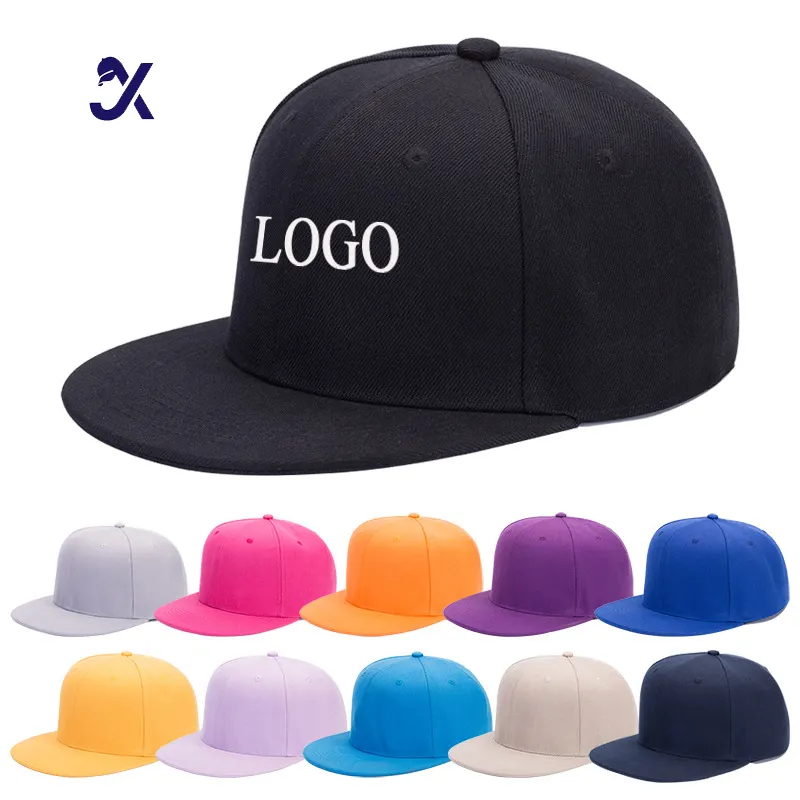 JX, venta al por mayor, logotipo de parche bordado personalizado, 5 paneles, sombrero de Hip Hop, Gorras de algodón de alta calidad, ala plana, cuerda, gorra Snapback para exteriores