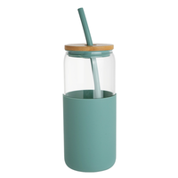 Bouteille en verre 600 ml (20 oz) avec manchon en silicone, couvercle en bois et paille, en verre borosilicate de haute qualité, tasse de bureau pour eau et lait avec couvercle en bambou