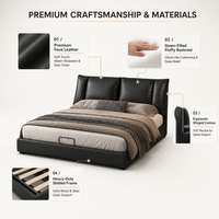 Lit rembourré noir de luxe moderne avec tête de lit à ailes, taille King/Queen, cadre de lit avec rangement à vérin à gaz, mobilier de chambre minimaliste