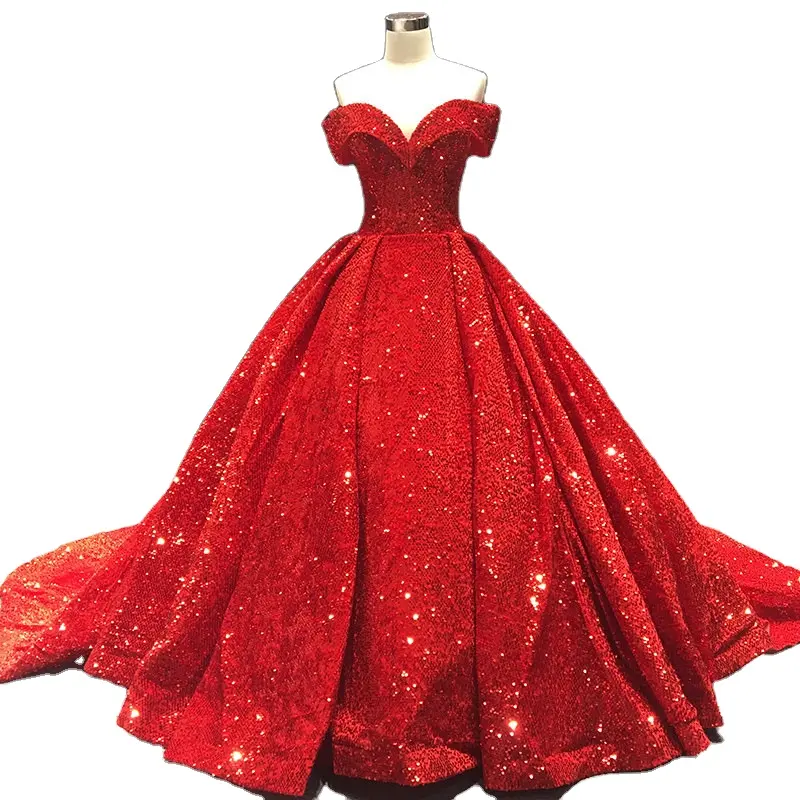 Vestidos de noche de fiesta de lentejuelas de lujo para mujer, vestido de baile, vestido de novia con hombros descubiertos, elegante, tejido de poliéster, corto, adultos, 1 pieza