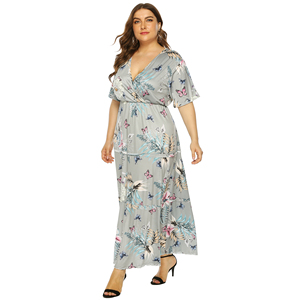 Venta al por mayor <span class=keywords><strong>Mujer</strong></span> Plus tamaño Floral impresión V profundo lazo de la cintura manga corta vestido Maxi - Product Image 5