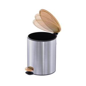 Cubo de Basura de Acero Inoxidable Estilo Europeo, Cilíndrico, con Tapa de Bambú y Pedal, para Cocina, Sala de Estar, Interior, Plateado, Negro, Blanco - Product Image 4