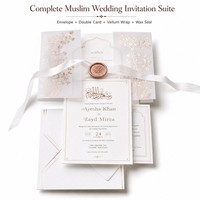 Juego de Invitaciones de Boda Islámicas de Lujo, Sobre Blanco con Sello de Cera Monograma en Oro Rosa, Envoltura Floral de Papel Vitela, Tarjeta Nikkah