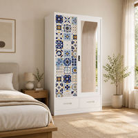Armoire en acier imprimé motif Azulejo bleu et blanc, 1200 mm, 2 portes coulissantes avec miroir et tiroirs, armoire métallique pour chambre à coucher