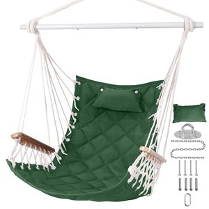 <b>Hammock</b> Chair Hanging Swing with Wooden Armrest, Pillows, Hardware Kit, Cotton Woven Fabric, for Indoor & Outdoor, Patio - Product Image 1