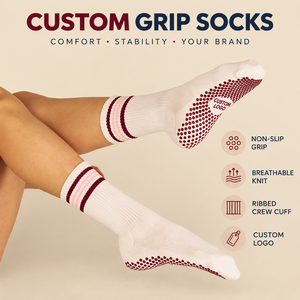 Custom White Burgundy Pink Stripe Pilates Yoga Grip <b>Socks</b> Silicone Dot Non Slip Crew Cuff <b>Socks</b> <b>Women</b> OEM ODM - Product Image 1