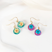 Anting Bunga Asli Resin Custom Berlapis Emas Stainless Steel Anting Bulat Bunga Kering