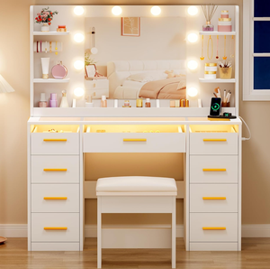<span class=keywords><strong>Coiffeuse</strong></span> avec miroir et lumière, grande taille, plateau en verre transparent, 9 tiroirs RGB, 4 <span class=keywords><strong>étagère</strong></span>s, ensemble de <span class=keywords><strong>coiffeuse</strong></span> avec tabouret - Product Image 5