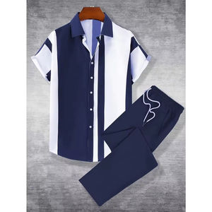 2025 Nieuwe Heren Zomer Casual Gestreepte Set Ademend Korte Mouwen Gebreid Shirt en Lange Broek Geweven 2-delig Outfit - Product Image 6