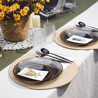 Assiettes jetables en plastique noir de qualité supérieure, design Spiralique élégant, couleur anthracite teinté, avec bord doré