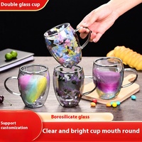 Mug Kopi Teh Kaca Borosilikat Tinggi Dua Lapis Kasual Bergaya untuk Penggunaan di Rumah dengan Pegangan Bunga Asli Tahan Suhu Tinggi