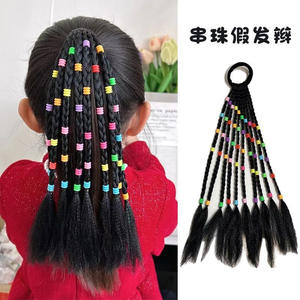 Cola de caballo con trenzas de cuentas para niñas, accesorio para el cabello de alambre negro resistente al calor, estilo casual con cuentas y lazo - Product Image 5