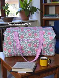<b>Pink</b> Cotton Duffle Bag With White Pattern Zipper block printed duffle bag cotton quilted weekender travel bag handmade floral - Product Image 5