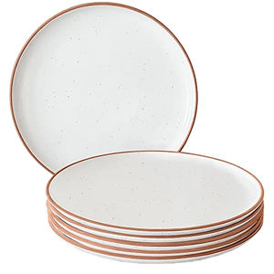 Assiette ronde en céramique mouchetée avec bord brun, idéale pour les dîners à la maison et la décoration de table - Product Image 1