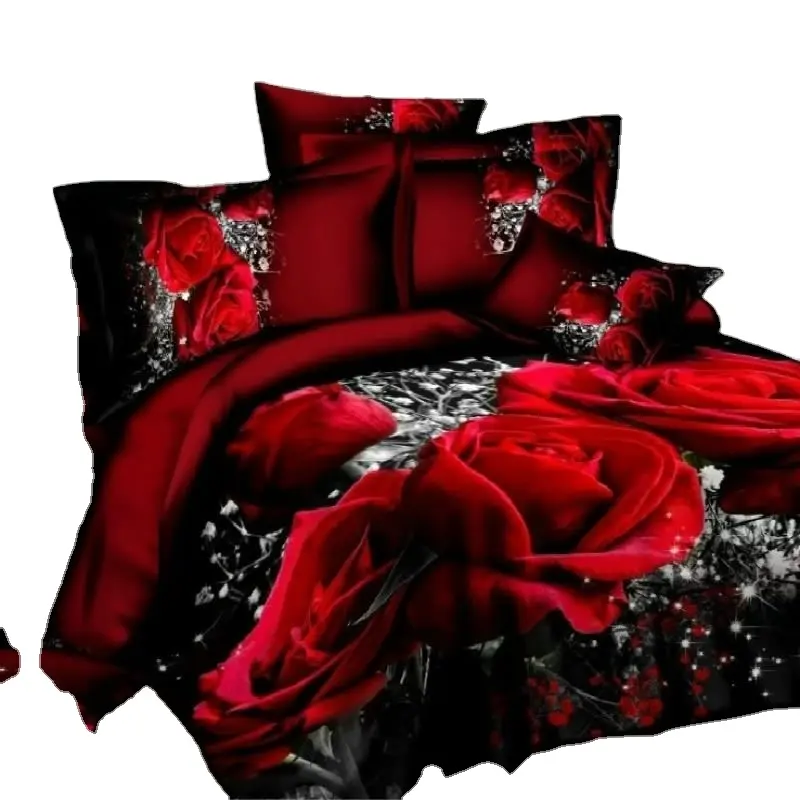 China Manufacturer 3 pcs Custom 3D Print Bedding Set Bedsheet Red Rose Bed Linen Sheet