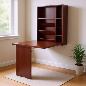 Bureau d'ordinateur mural convertible en acajou, design pliable, gain de place pour le bureau à domicile - Product Image 2