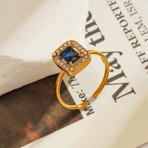 <b>Open</b> <b>Ring</b> Gold Plated Square Blue Zircon Pave Setting Geometric Unisex Jewelry Gift - Product Image 3