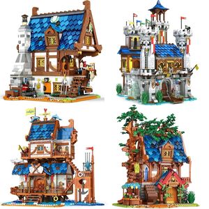 Reobrix MOC kota abad pertengahan Castle Model rumah pohon plastik DIY perakitan bata Kit Jumbo konstruksi blok Set mainan