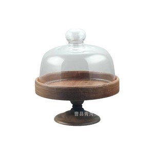Solid Wood <b>Cake</b> Stand With <b>Glass</b> <b>Dome</b> Coffee Brown Home Dessert Display Tray - Product Image 3