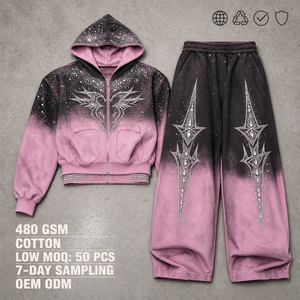 Conjunto de chándal de algodón de 480 g/m² con efecto degradado y pedrería para hombre, sudadera con capucha corta y cremallera de corte holgado y pantalones de chándal de pierna ancha, dos piezas. - Product Image 1