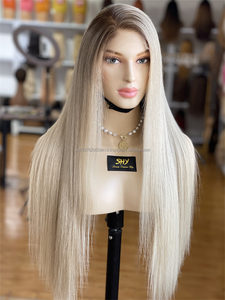 Perruque médicale blond cendré de 26 pouces avec racines brunes Highlight HD Transparent Lace Front Long Straight Style pour femmes blanches - Product Image 2