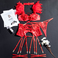 Lingerie sexy pour femmes très vendue avec des bretelles en plumes brodées rouges et des chaussettes suspendues, ensemble de lingerie érotique en cinq pièces