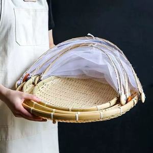 Cesta de Picnic Redonda de Bambú a Prueba de Polvo con Cubierta de Malla, Cesta Tejida para Servir Alimentos y Almacenar Verduras - Product Image 3