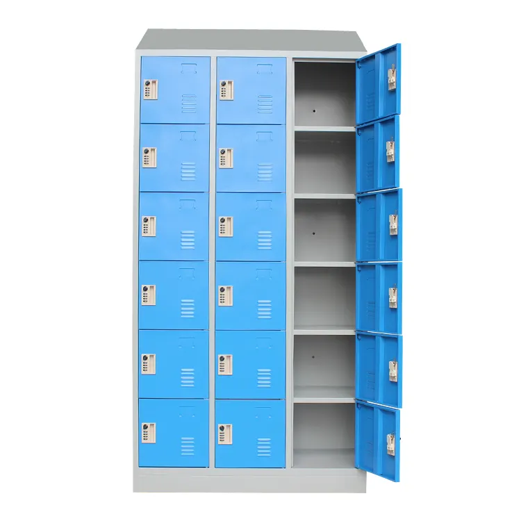 Slanted Top Metal Box Cabinet School Student Bag Locker 18 Doors Blue Mall Locker Small Box Cabinet