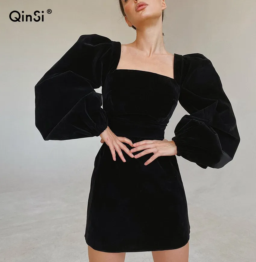 Bclout/QINSI Square Collar Mini Party Dresses Christmas Winter Black Sexy Bodycon Dress Evening Puff Sleeve Women Velvet Dress