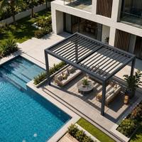 Gazebo modern bermotor dengan atap louver aluminium tahan air dan lampu LED dua warna untuk kolam renang dan teras