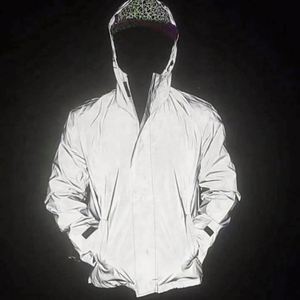 100% Polyester Coated Stand Collar <b>Reflective</b> Hood Zip OEM Custom Logo Wholesale 3M Windbreaker Mens Bomber <b>Jacket</b> - Product Image 3