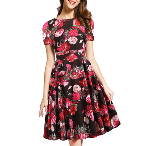 Vestidos de fiesta florales de manga corta para mujer, verano 2022, estilo Retro <span class=keywords><strong>Hepburn</strong></span>, estampado, cuello redondo, vestido de columpio grande - Product Image 2