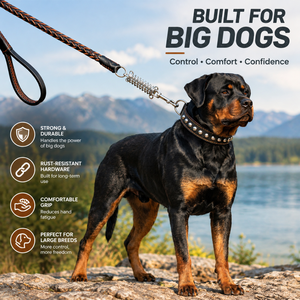 Correa de cuero trenzado resistente para perros con collar, amortiguador de impactos con resorte y correa con tachuelas para razas grandes como el Rottweiler - Product Image 2