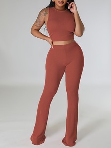 <strong>Club</strong> <strong>Outfits</strong> for Women <strong>Sexy</strong> Side Cut Wide Leg Pants Set Fall Women Clothes Plain Tank Top SweatSuit Set Ribbed 2 Piece Women Set - Product Image 2
