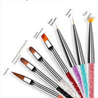 Ensemble professionnel de 7 pinceaux pour nail art, poils en nylon, pointe fine plissée, pinceaux plats pour détails, manche en cristal, plastique