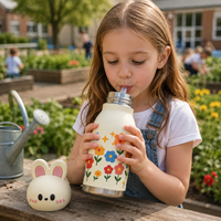Botella Térmica de Doble Pared de 450 ml con Diseño de Conejo y Flores, Tapa con Pajita y Gorro de Animal Desmontable, Ideal para Regalos para Niños Pequeños, Directo de Fábrica