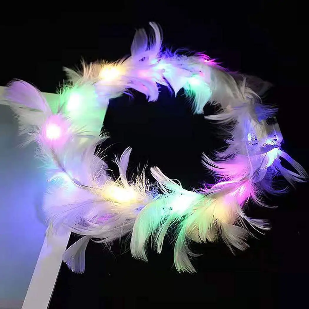 Woohaha LED Feather Wreath Headband Light Up Angel Halo Headband Luminous Headdress for Girls Party