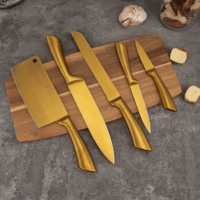 Ensemble de couteaux de cuisine dorés en gros, lames en acier inoxydable avec revêtement en titane doré, ensemble de couteaux de chef