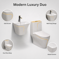 Ensemble de sanitaires de luxe en céramique noire pour salle de bain : WC monobloc et lavabo sur colonne